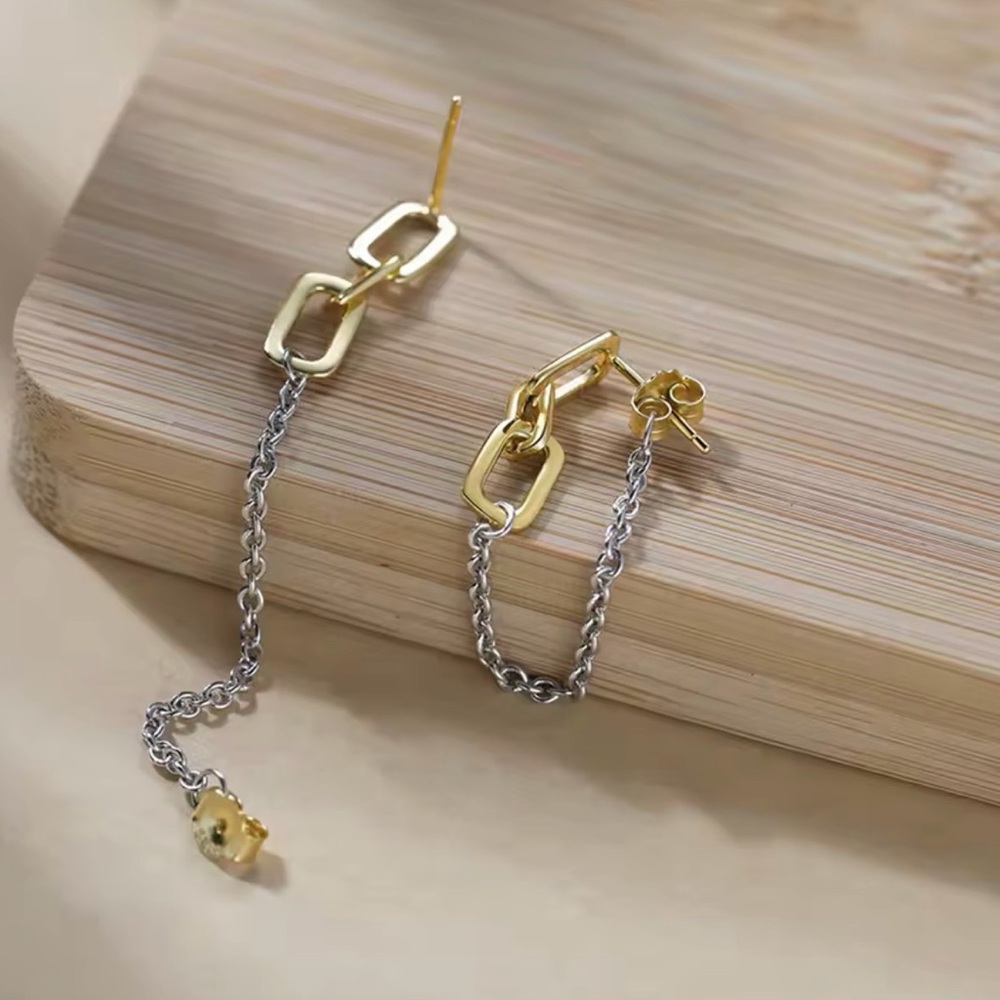 Sterling Silver Two-Tone Chain Link Drop Earrings - Picture 4 of 5